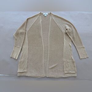 Magaschoni — Open-Front Pocket Linen Knit Cardigan - Tan — Size L